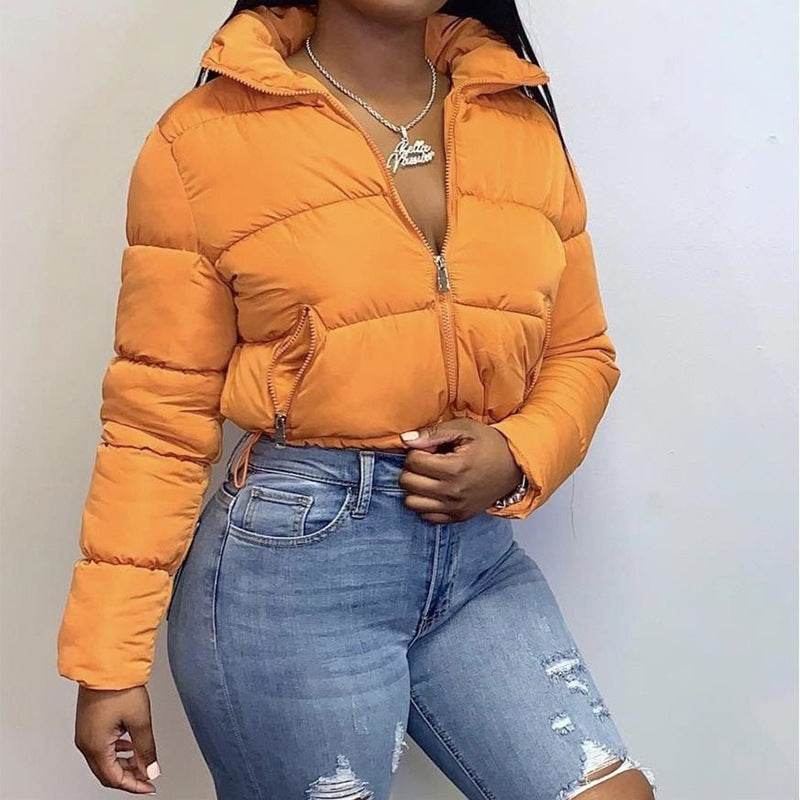 Fashion Short Coat Winter Warm Long-sleeved Stand Collar Zipper Bread Cotton Coat With Drawstring Design Women's Jacket - GOLD store