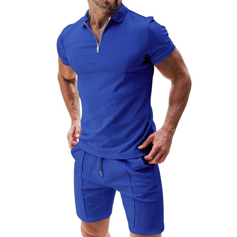 2Pcs Casual Waffle Suit Summer Zipper Lapel Short-sleeved Top And Drawstring Pockets Shorts Versatile Solid Color T-shirt Set For Mens Clothing - GOLD store