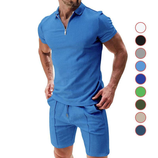 2Pcs Casual Waffle Suit Summer Zipper Lapel Short-sleeved Top And Drawstring Pockets Shorts Versatile Solid Color T-shirt Set For Mens Clothing - GOLD store