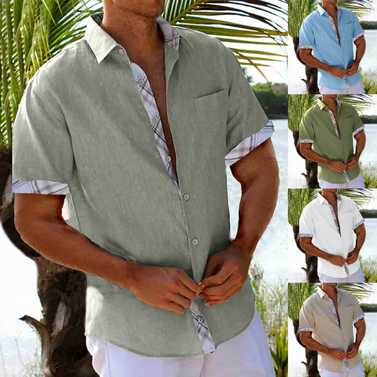 Vacation Short Sleeve Shirts With Plaid Side Summer Hawaii Beach Top Mens Clothing - GOLD store