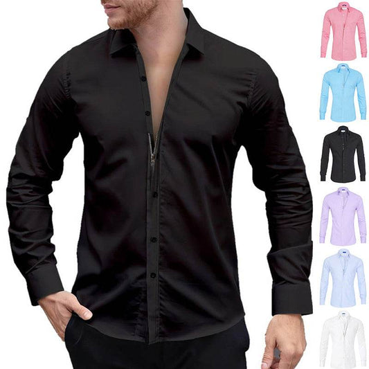 Long Sleeve Zipper Shirt With Button Design Fashion Lapel Tops For Mens Clothing - GOLD store